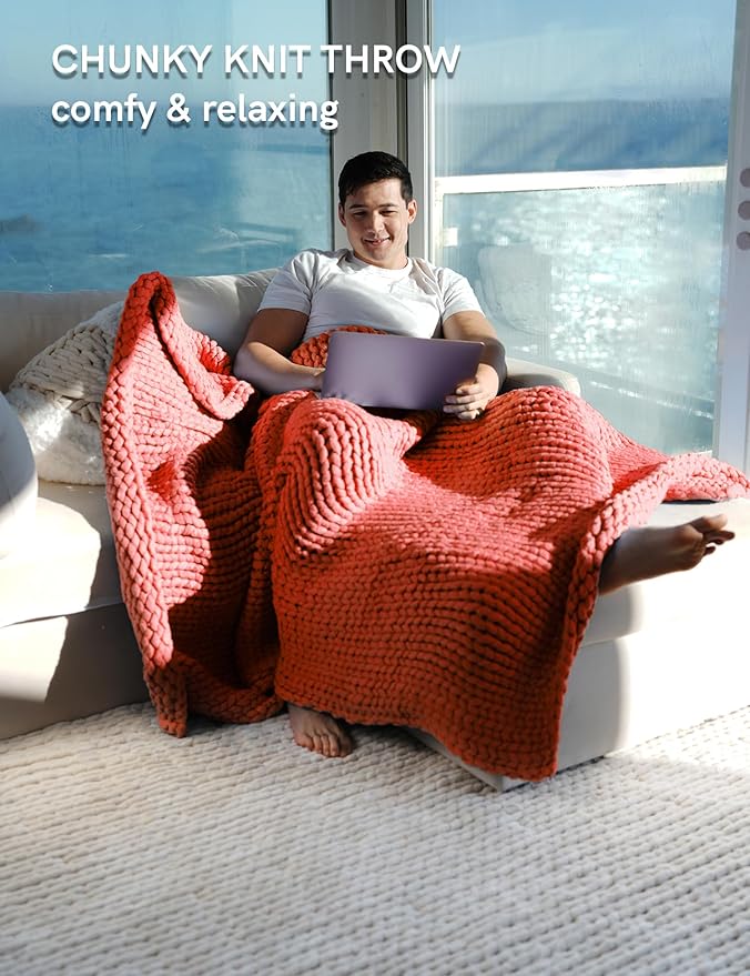 YnM Chunky Throw Blanket, Medium-Weight, Hand Knitted, Skin Friendly, Ventilated and Breathable, Machine Washable, Home Décor Piece for Couch, Sofa and Bed (Exotic Orange, 40x50 Inch)