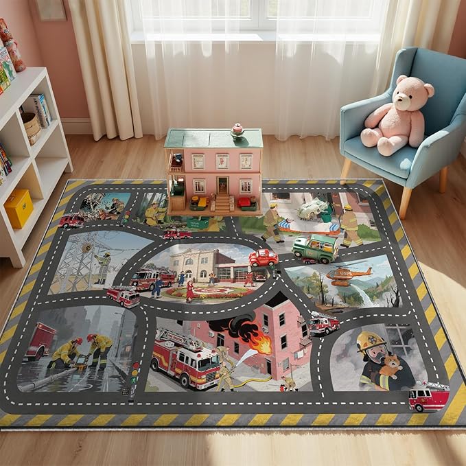 5x7ft Kids Fire Department Missions Play Rug,Non-Slip Faux Wool Carpet with Interactive Fire Department Missions Design for Playroom, Bedroom, Nursery Gift