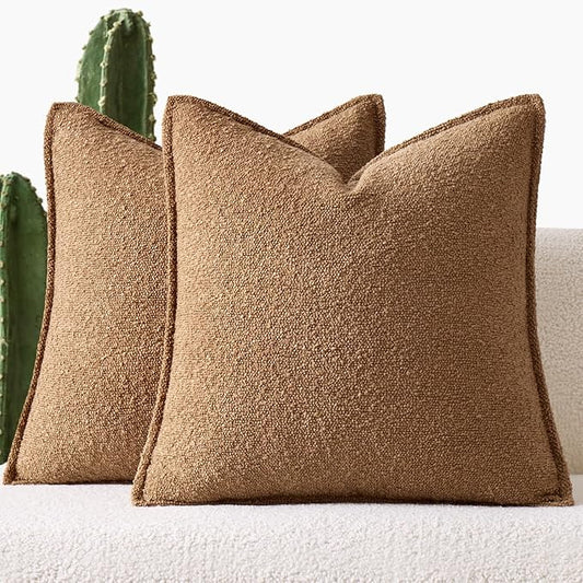MIULEE Pack of 2 Decorative Textured Boucle Throw Pillow Covers 18x18 Inch Brown Broadside Thick Boho Pillows for Farmhouse Accents Sofa Couch Bedroom Living Room Home Decor