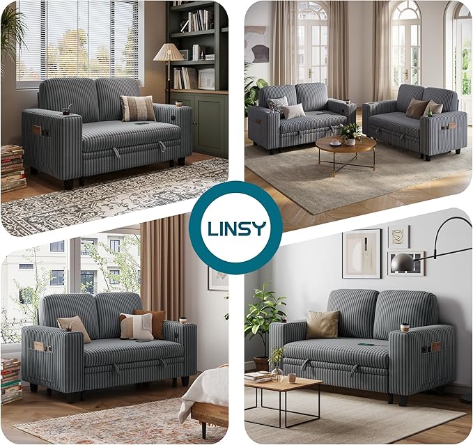 LINSY HOME Loveseat Sofa with Pull Out Couch: 2-in-1 Convertible 2 Seater Sofa Chaise with USB Charging & Cup Holders, Comfy Plush Corduroy Love Seat for Small Spaces Living Room Apartment, Grey