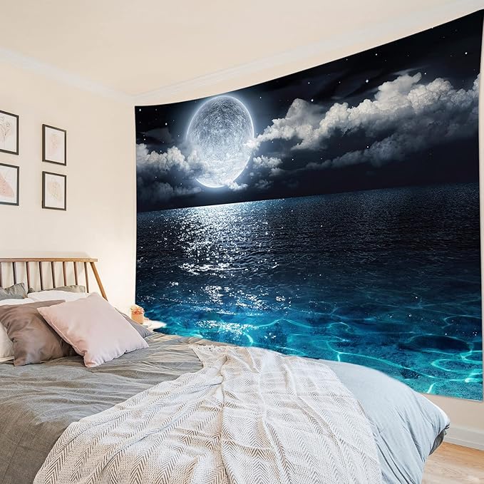 LB Night Sky Ocean Tapestry Full Moon on Sea Tapestry Wall Hanging Fantasy White Cloud Watercolor Wall Art for Bedroom Living Room Dorm Wall Decor, 59Wx51H inches