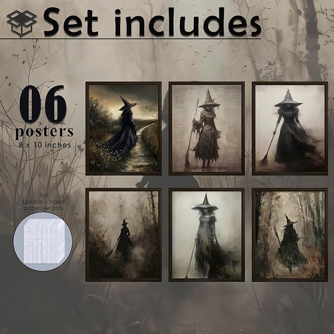 LANCHI95 6 Pcs 8x10in Vintage Rustic Witch Posters Halloween Wall Art Witch in The Forest Painting Prints Goth Dark Moody Wall Decor for Living Room Bedroom 8x10 in (UNFRAMED)