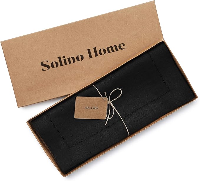 Solino Home Linen Black Table Runner 48 Inches - Classic Hemstitch, 100% Pure Linen Coffee Table Runner 14 x 48 Inch Ideal for Dresser Tables - Fall, Autumn, Halloween, Thanksgiving