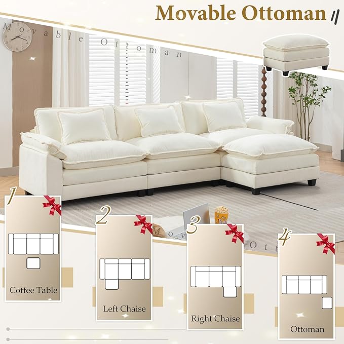 URRED Modular Sectional Sofa Comfy Cloud Couch, Modern Chenille Sofa Sleeper Deep Seat Couches with Ottoman/Pillows for Living Room (White, 117''- L Shape)