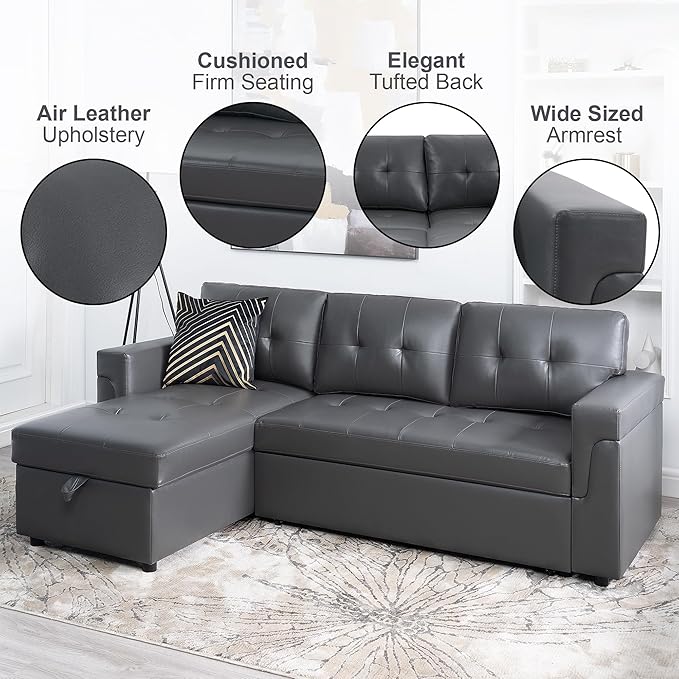 Naomi Home Transform Any Space: Sleeper Sectional Sofa with Convertible Sofa Bed & Inviting Chaise. Find Tranquil Comfort with Stress-Relieving Design & Durable Cushions - Dark Gray/Air Leather