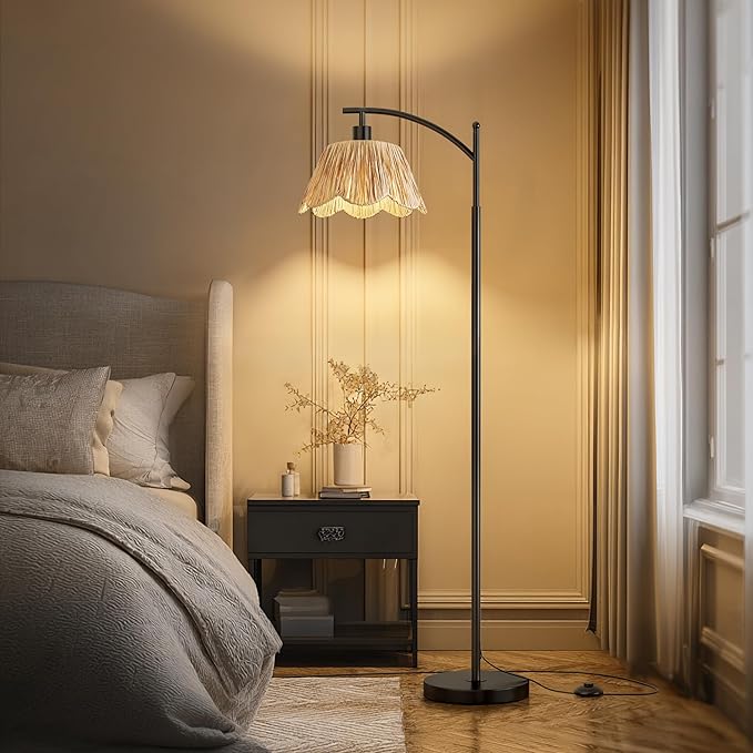 Oneach Arc Floor Lamp for Living Room,Rattan Boho Floor Lamp with Hand-Woven Wicker Shade, Foot Switch,Black Metal Base & Pole,Farmhouse Standing Lamp for Bedroom Corner,Reading