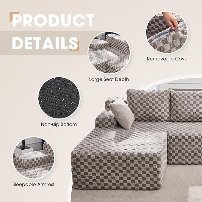 Hobestluk 96” Modular Sectional Sofa Couches L-Shape Couch 3 Seat Modular Sofa Memory Foam Sectional Couches for Living Room, Cloud Couch with Oversized Chaise (Grey, Checked (Left Facing Chaise))