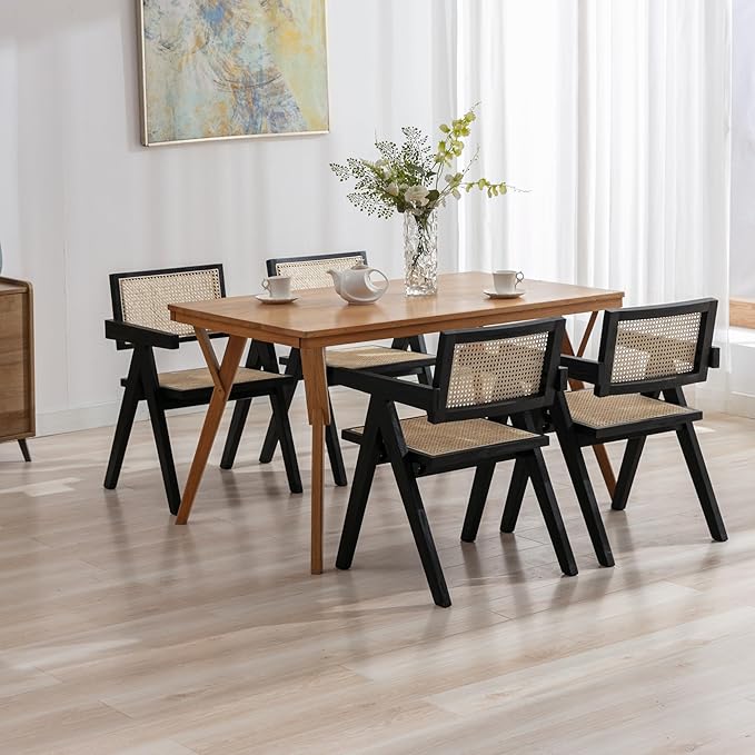 Rattan Dining Chairs Set of 2, Farmhouse Wicker Dining Chairs with Cane Seat Accent Armchair for Dining Room Kitchen Restaurant, Walnut