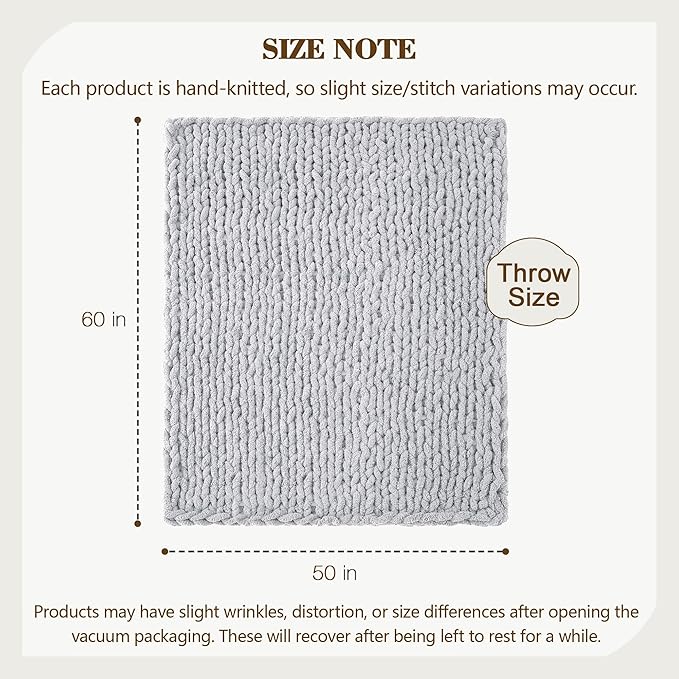 Carriediosa Chunky Knit Throw Blanket 50" X 60", 100% Hand Made Large Chenille Loop Yarn Soft Fluffy Throws for Couch Sofa Bed, Big Crochet Cozy Heavy Thick Cable Woven Blanket, Grey