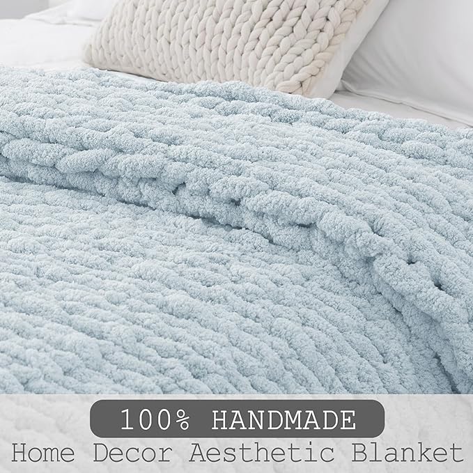 Chunky Knit Throw Blanket 50"X 60", 100% Handmade with Soft Chenille Yarn, 4.4lbs Thick Cable Knitted Blankets, Large Rope Knot Crochet Throws for Couch Sofa Bed Home Decor, Baby Blue