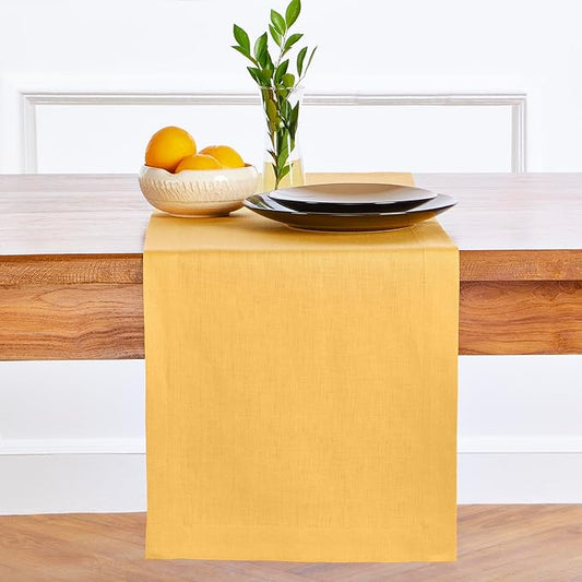 Solino Home Linen Mustard Yellow Table Runner 36 Inches - 100% Pure Linen Farmhouse Short Table Runner 14 x 36 Inch Ideal for Dresser and Coffee Tables - Fete