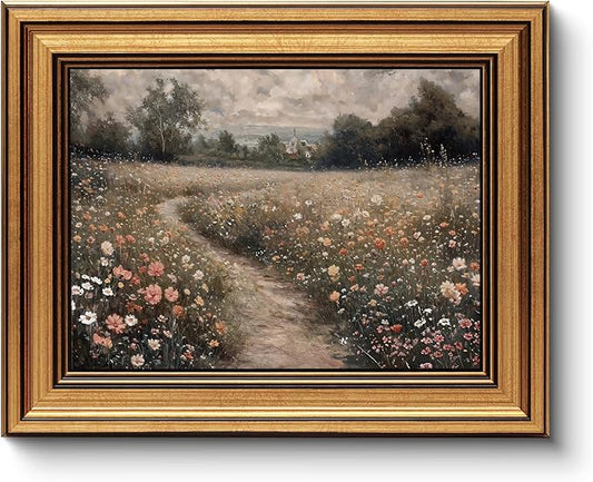 HUARCEY Gold Framed Vintage Wall Art for Living Room, Flowers Painting Prints Shelf Decor for Kitchen, Landscape Bedroom Wall Art, Christmas Gifts for Friends or Family (Flowers Path - 8"x10")