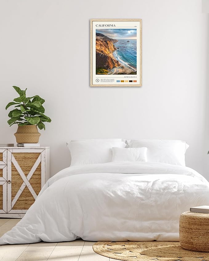 HesenDot Natural OAK Wood Coastal California Refers Framed Wall Art,12x16in Natural Seascape Canvas Wall Print,Classic Urban Landmark Wall Decor for Living Room,Bedroom,Office Gallery Gifts Set of 1