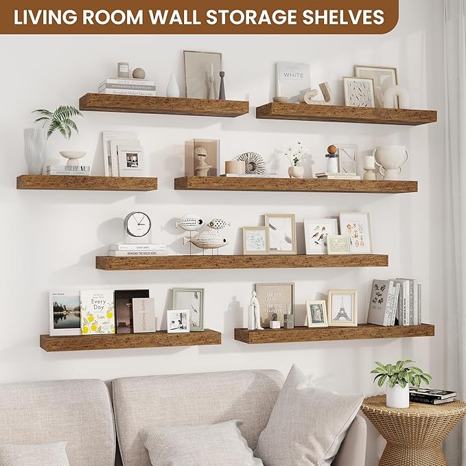 fuqing Floating Shelves for Wall, Bathroom Shelf Wall Mounted for Storage, Shelves with Invisible Bracket for Bedroom, Kitchen, Living Room, Farmhouse Small Book Shelf, 48 Inch Set of 2, Rustic Brown