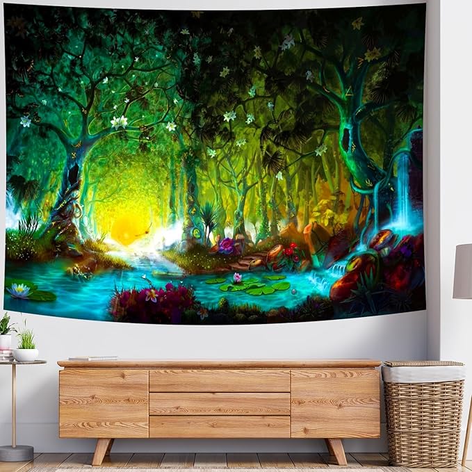 Delur Fantasy Forest Tapestry Mystical River Enchanted Magical Fairy Tale Tree Tapestry Sunrise Landscape Sunset Nature Psychedelic Wall Hanging Headboard for Bedroom Living Room Home Decor (70.8" x 92.5")
