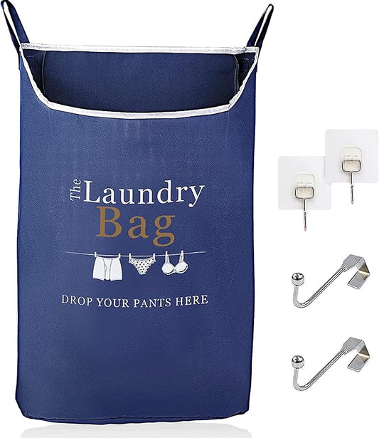 Fine Living Co. Large Hanging Laundry Hamper with Over Door Hooks & Adhesive, Durable Space Saving Laundry Bag with Zipper and Wide Open Top, Hanging Dorm Laundry Hamper (Navy Blue with Print-XL)