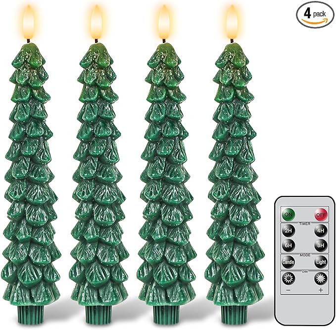 GenSwin Christmas Tree Flameless Taper Candles with Remote Timer, Christmas LED Taper Candles with 3D Flame, 4 Pcs Green LED Candlesticks for Christmas Home Decoration(0.78” x 9.8”)