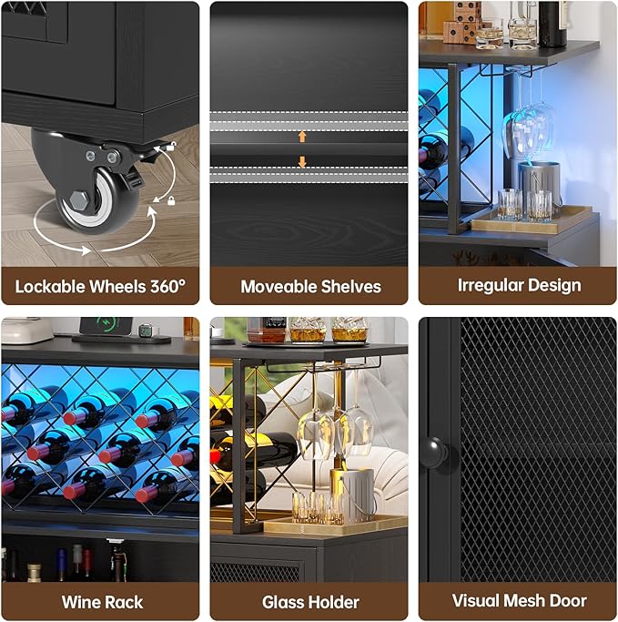 Wine Bar Cabinet with Wheels, 4-Tier Bar Cart with Power Outlets and LED Light, Liquor Cabinet Home Mini Bar with Wine Rack, Coffee Bar Cabinet for Liquor, Black