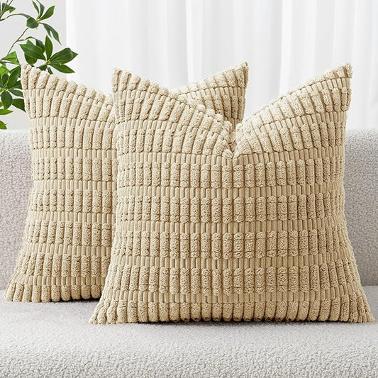 MIULEE Pack of 2 Corduroy Decorative Throw Pillow Covers 18x18 Inch Soft Boho Striped Pillow Covers Modern Farmhouse Home Decor for Sofa Living Room Couch Bed Tan