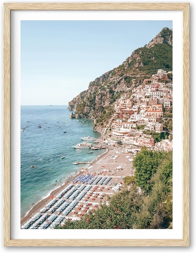 HesenDot Natural OAK Wood Framed Italian Positano Beach Wall Art,12x16in Amalfi Coast Canvas Wall Print,Summer Coastal Landscape Poster Wall Decor for Living Room,Bedroom,Office Gallery Set of 1