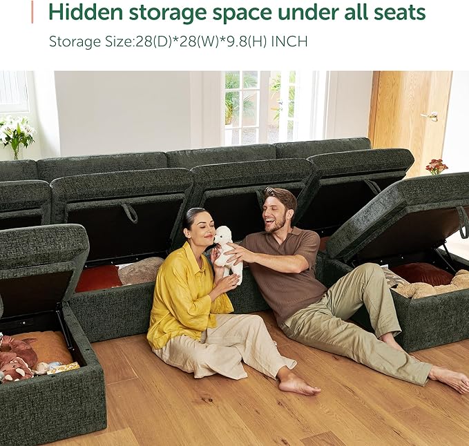 HONBAY Sectional Couch with Storage Seats, Modular Sectional Sofa with Storage Ottoman, U Shaped Sectional Couches for Living Room,Green