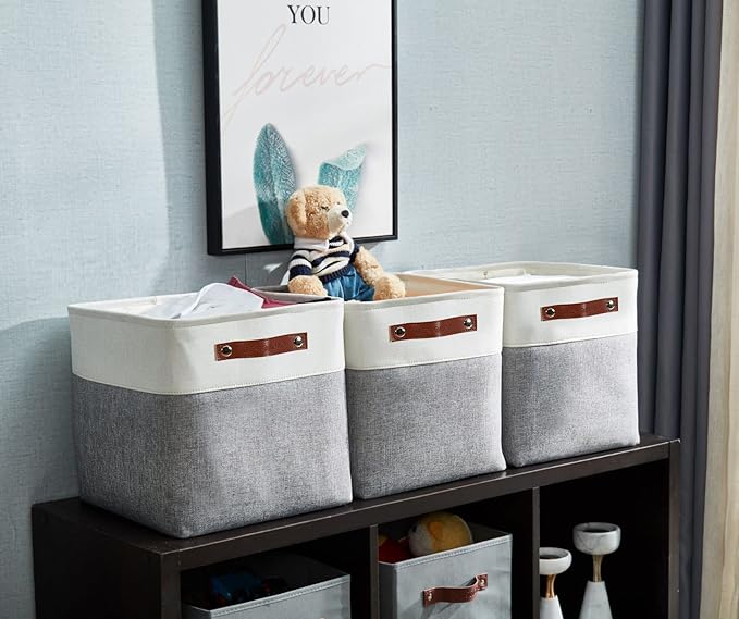 DECOMOMO Storage Cubes, 12x12 Storage Bins, Baskets for Shelves (Grey & White, Cube 12" - 4 Pack)