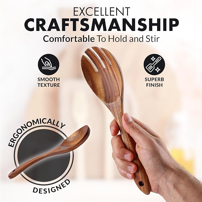 Zulay Kitchen Premium 8-Piece Wooden Spoons - Smooth Finish, Natural Teak Wood, Non-Stick, Handmade