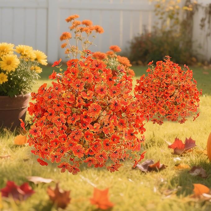 Set of 4 Artificial Fall Topiary Ball Flowers for Outdoor Decoration with Spike 20", UV Resistant Fake Autumn Floral Shrubs, Realistic Faux Bushes Plants for Garden,Yard,Porch and Patio Decor