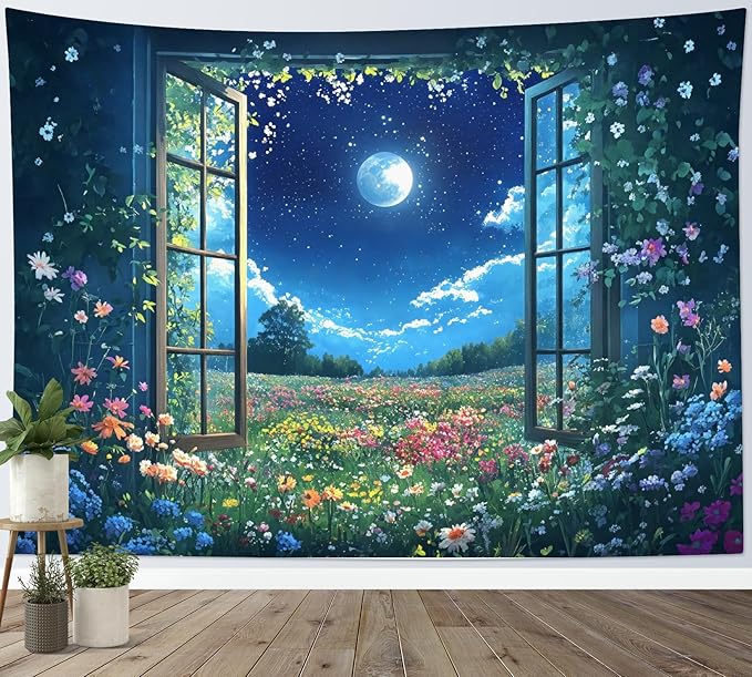 LB Wildflower Moon Tapestry, Window Forest Plant Green Leaf and Garden Colorful Floral Wall Tapestry for Bedroom, Night Sky Wall Art for Living Room Dorm Home Decor Ready to Hanging, 48 x 36 Inches