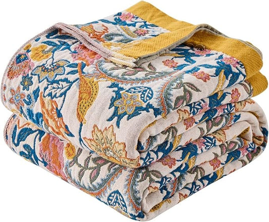 Boho Throw Blanket for Couch,100% Cotton Summer Blanket for Bed, Ultra Soft Rustic Quilt for Bed, Home Decor, Boho Picnic Blankets with Bird and Flowers for All Seasons,Twin 60"x80"