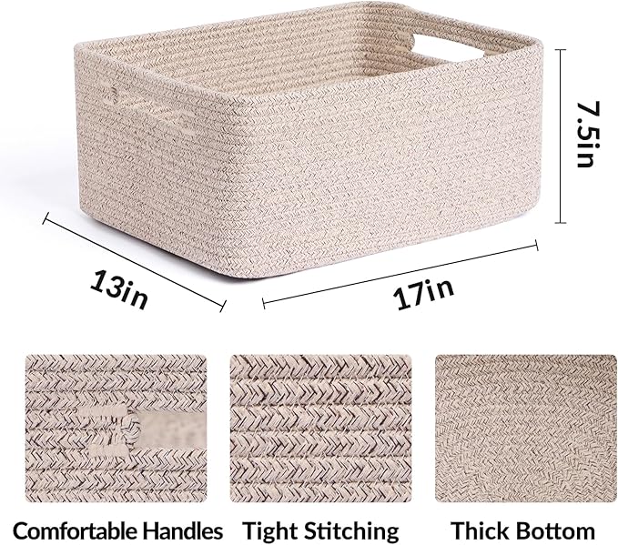 Large Storage Baskets for Shelves, Closet Organizers Bins for Clothes Blanket Towels, Baby Nursery, Toy Baskets Box, Woven Rope Baskets, 17 x 13 x 7.5”, 3 Packs Mixed Brown