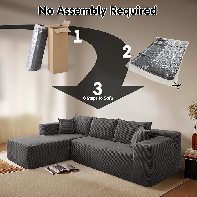 ovios 104" Cloud Sectional Couch with L-Shape Chaise,Modern Modular Sofa with Deep Seat, Upholstered Couches for Living Room Bedroom,No Assembly Required, Grey (Corduroy Fabric)