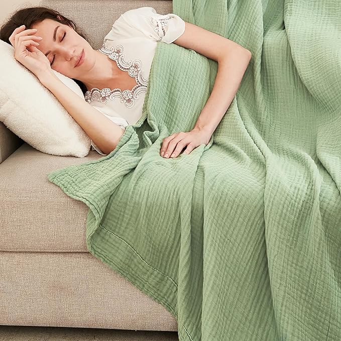 EMME Cotton Throw Blanket for Couch Soft Airy Muslin Bed Blankets Lightweight Breathable Blanket All Season Gauze Blanket, Sage Green