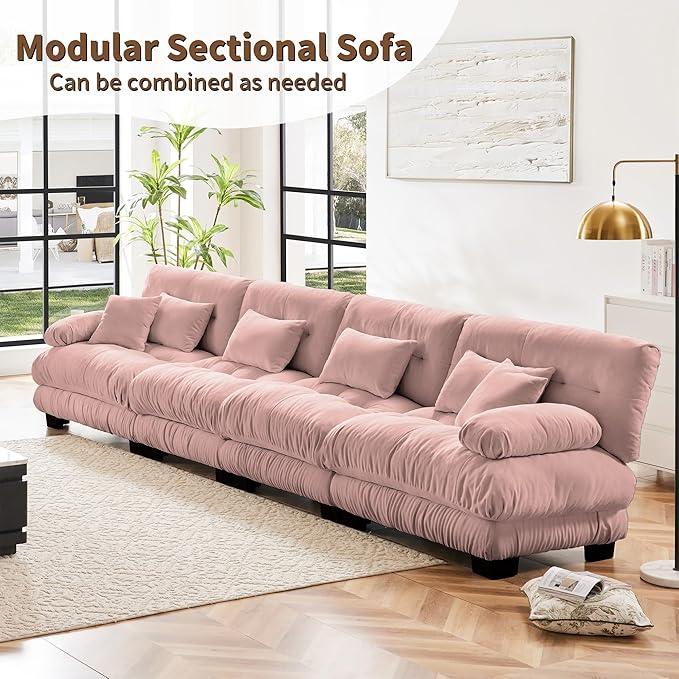 Modular Sectional Sofa Cloud Couch 4-Seater Deep Seat Sofa Couch, Oversized Couch Bed Sectional Couch with Round Bolster Armrests 6 Pillows, Modern Sofa Chair Comfy Couch(Pink)