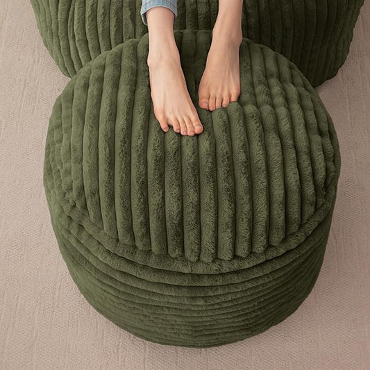 HIGOGOGO Round Stuffed Pouf Ottoman, Corduroy Poufs with High-Density Foam Filling, Furry and Fluffy Pouf Foot Stool Storage Ottoman, 20 X 15 Floor Poufs Foot Rest for Living Room, Green