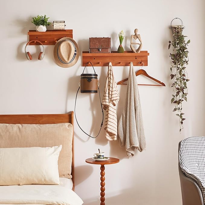 Wall Mounted Hook with Shelf,15.75in Entryway Wall Hanging Shelf,Solid Wood Coat Hooks,for Bathroom, Kitchen,Cherry Wood Color YD-WS0240C