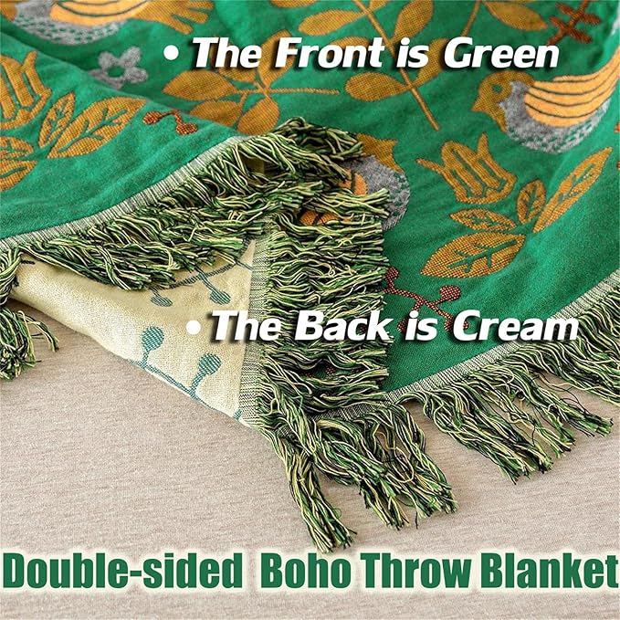Green Summer Blanket 60''x 80'' Boho Throw Blankets for Couch Bed Chair,100% Cotton Quilts Christmas Warm Soft Blanket Muslin Bed Blankets Farmhouse Decoration