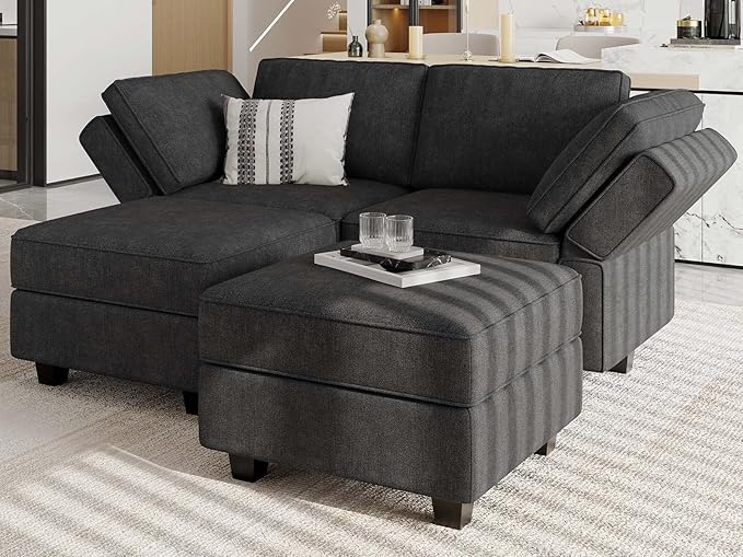 Bellfin Modular Sectional Sleeper Sofa Convertible Sofas with Storage Ottomans Small Sectional Couches for Living Room. Black Couch
