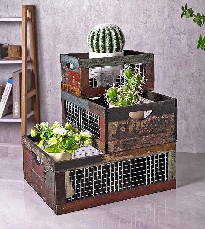 TIMRIS Set of 3 Rustic Wood Nesting Crates, Farmhouse Distressed Wooden Storage Boxes, Decorative Reclaimed Wood Organizer Baskets with Wire Mesh (Random)