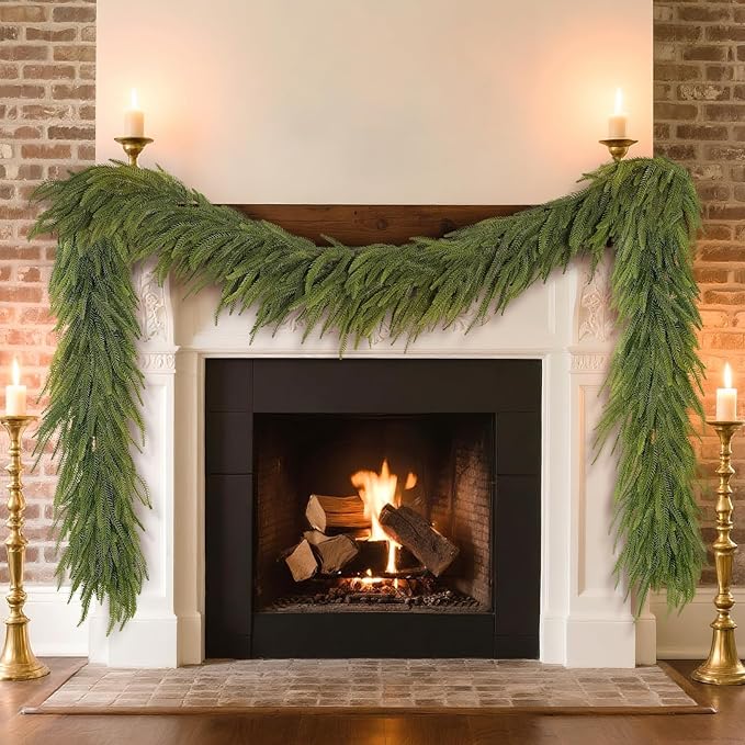 9FT Christmas Norfolk Pine Garland -2PCS, Artificial Pine Needles Garlands Faux Greenery Fake Garland for Holiday Fireplace,Table,Window,Stairs,Mante,Indoor Outdoor Decor