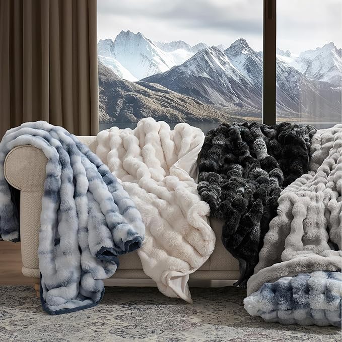 EVERGRACE Ultra Soft Luxury Fluffy Ridgeline Faux Rabbit Fur Throw Blanket, Thick Warm Bubble Throw for Bed, Cozy Plush Reversible Blankets for Couch, Chair, Sofa, Taupe, 50x60 Inches, 870 GSM