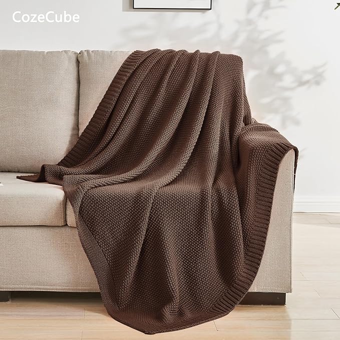 CozeCube Brown Throw Blanket for Couch, Soft Cozy Cable Knit Throw for Bed Sofa Living Room, Lightweight Warm Decorative Farmhouse Christmas Blanket, 50"x60", Dark Brown