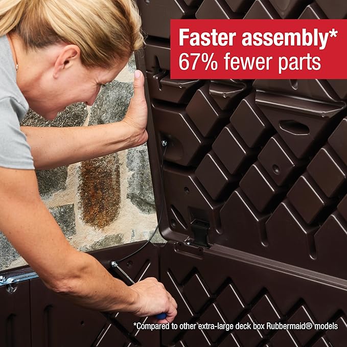 Rubbermaid Medium Resin Outdoor Storage Deck Box (74 Gal) Weather Resistant Brown Deck Organization for Home/Backyard/Pool Chemicals/Toys/Garden Tools/Porch/Patio Cushions