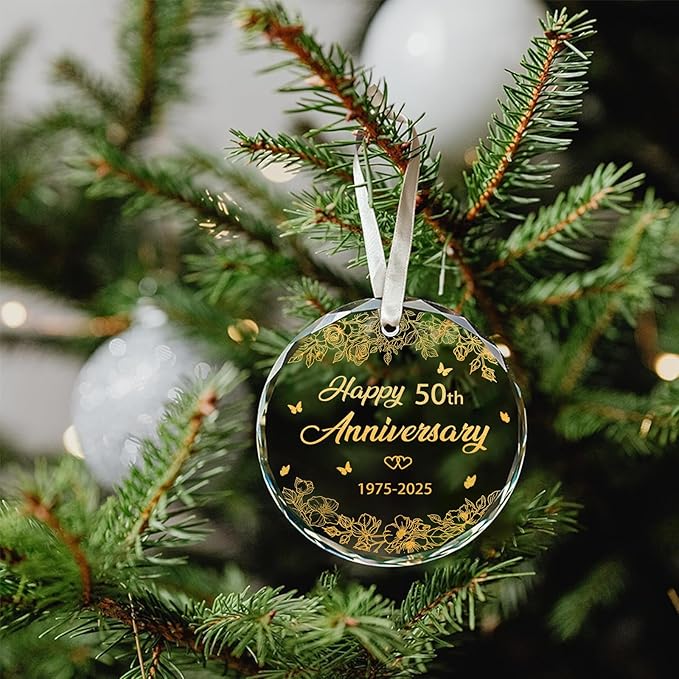 50th Wedding Anniversary Ornament, 50th Anniversary Wedding Gift, 50 Years As Mr. & Mrs. Gift for 50 Years Couple Husband Wife Married Parents Grandparents Friends 2025 - Glass Ornament 3"