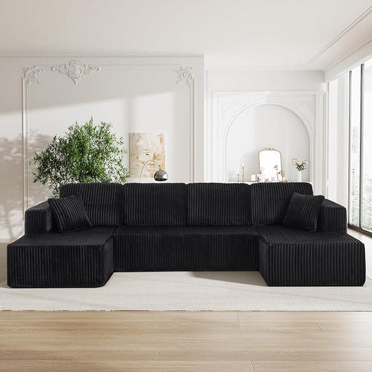 HYJT-H&K Modular Sectional Sofa Cloud Secttional Couch, 132" Comfy U Shaped Couches for Living Room, Deep Seat Memory Foam Fluffy Plush Corduroy Boneless Couch Sectionals with Chaise, Black