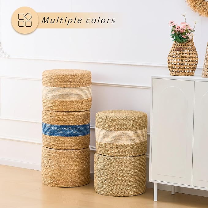 Handwoven Water Hyacinth Ottoman Pouf, Round Outdoor Footstool with Sturdy Frame, No Assembly Needed, Boho Accent Stool for Indoor & Outdoor Use – Patio, Balcony, Living Room (Blue)