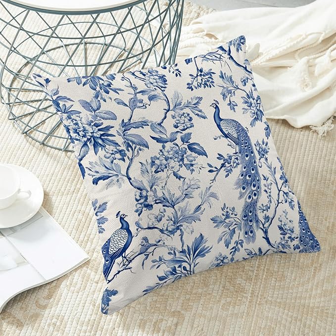 Navy Blue Spring Floral Pillow Covers 18 x 18 Inch Set of 2 for Chinoiserie Flowers Bird Decor Throw Pillows Vintage Plant Farmhouse Outdoor Decorative Cushion Cases for Couch Bed Decorations