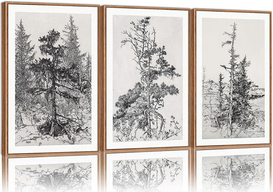 SIGNINART Vintage Tree Framed Wall Art Set , Black and White Antique Sketchbook Forest Painting, Wilderness Illustration Art Print , Retro Pine Tree Landscape Drawing Wall Decor for Living Room, Bedroom, Office (16"x24"x3)