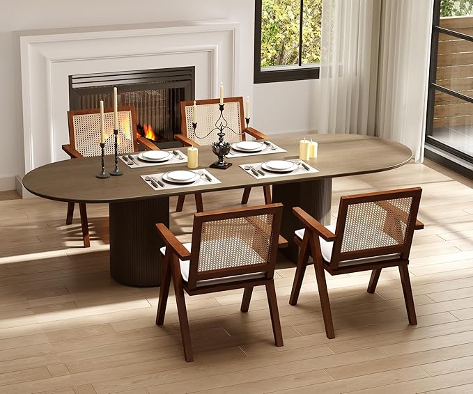 Rattan Dining Chairs Set of 4, Farmhouse Wicker Dining Chairs with Removable Linen Cushion Accent Cane Armchair for Dining Room Kitchen Restaurant, Walnut