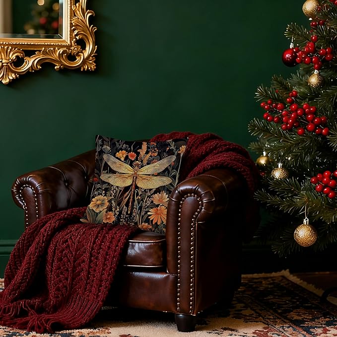 William Morris Inspired Christmas Dragonfly Decor Pillow Covers 18x18,Dragonfly Gifts for Women,Moody Dark Cottagecore Wildflowers Floral Throw Pillow Covers for Home, Cottagecore Floral Decor